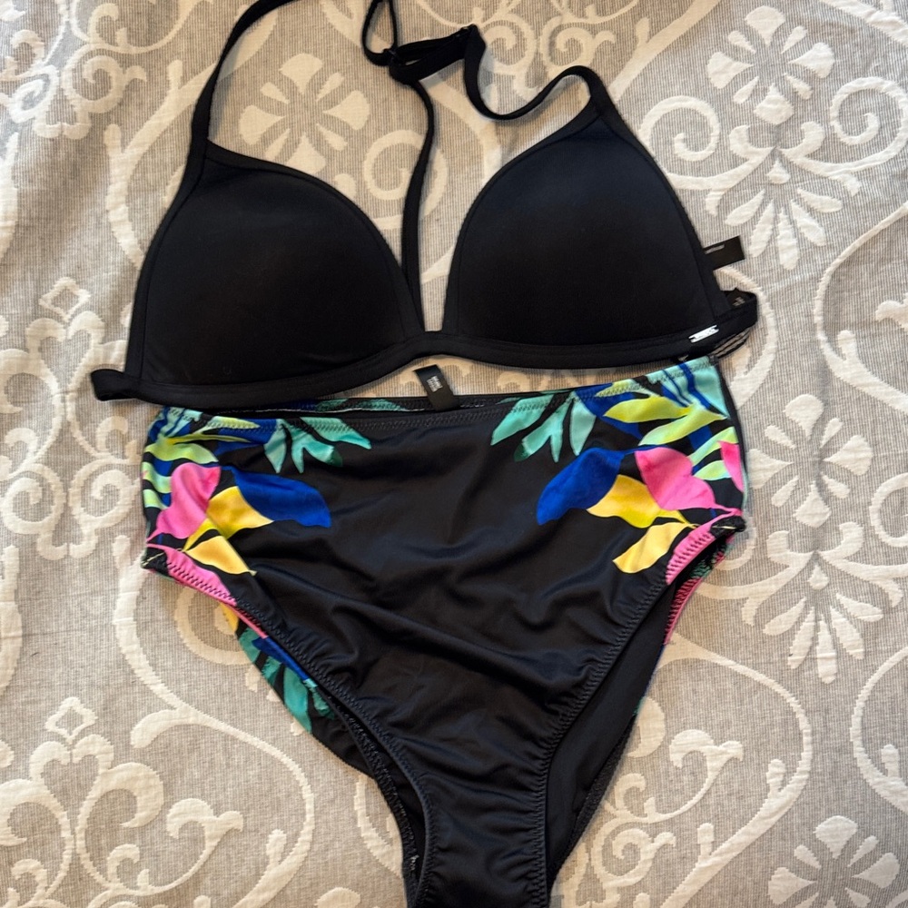 PINK Victoria's Secret Black Bikini with Tropical Print